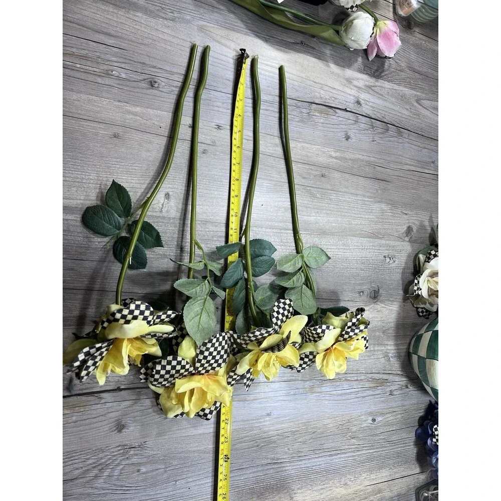 MACKENZIE-CHILDS Courtly Check ROSE FLOWER Stem Pick ALL YELLOW Set of 4